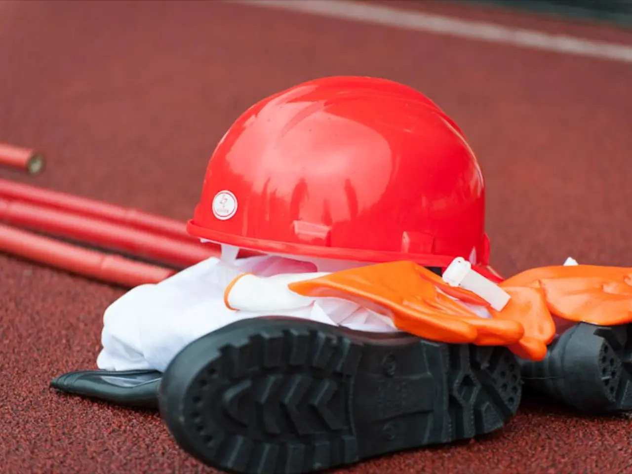 In this image we can see helmet, a pair of shoes, a pair of gloves and sticks placed on the floor.